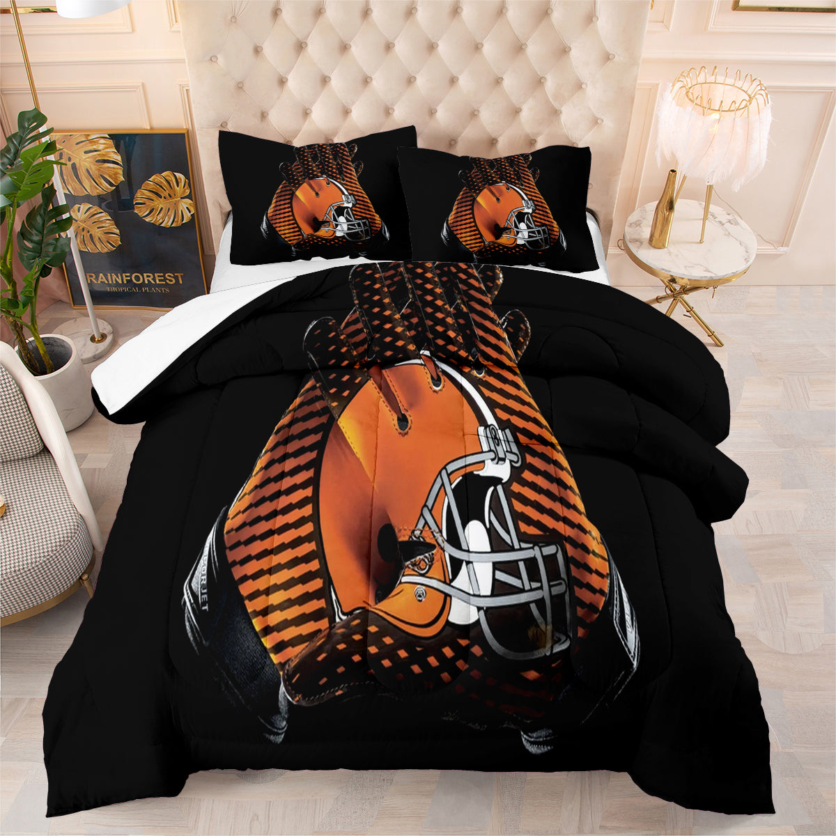 Cleveland Rugby Football Browns Comforter Pillowcases 3PC Sets Blanket All Season Reversible Quilted Duvet