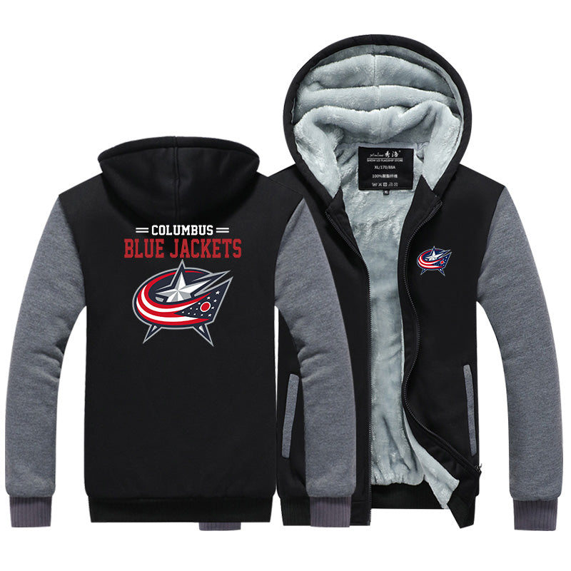 Columbus Blue Jackets Hockey Team  Unisex Lined Hoodie Fleece Sweatshirt Full Zipper Hooded Thicken Jacket
