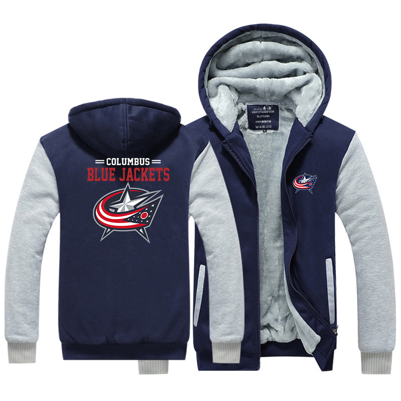 Columbus Blue Jackets Hockey Team  Unisex Lined Hoodie Fleece Sweatshirt Full Zipper Hooded Thicken Jacket