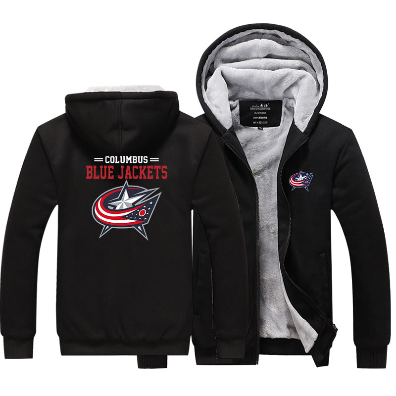 Columbus Blue Jackets Hockey Team  Unisex Lined Hoodie Fleece Sweatshirt Full Zipper Hooded Thicken Jacket