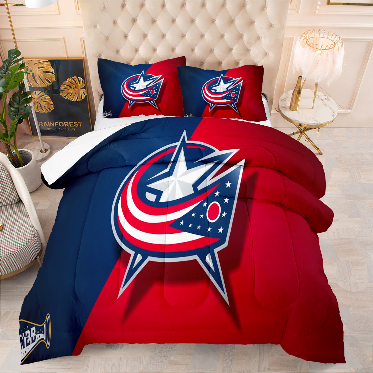 Columbus Hockey Blue Jackets Comforter Pillowcases 3PC Sets Blanket All Season Reversible Quilted Duvet