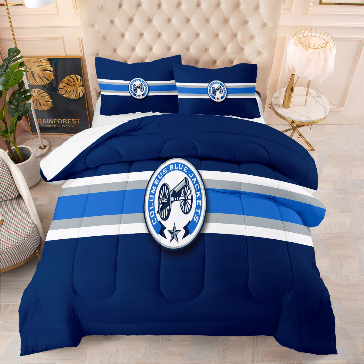 Columbus Hockey Blue Jackets Comforter Pillowcases 3PC Sets Blanket All Season Reversible Quilted Duvet