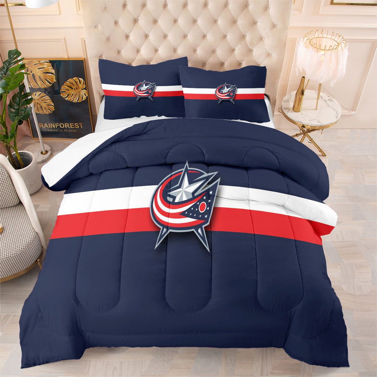 Columbus Hockey Blue Jackets Comforter Pillowcases 3PC Sets Blanket All Season Reversible Quilted Duvet