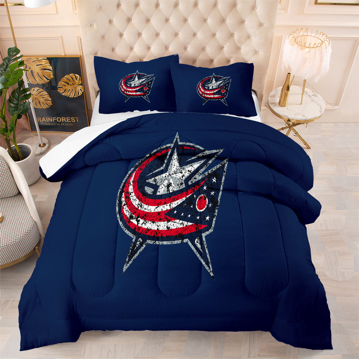 Columbus Hockey Blue Jackets Comforter Pillowcases 3PC Sets Blanket All Season Reversible Quilted Duvet