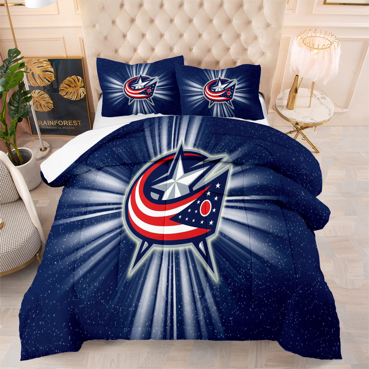 Columbus Hockey Blue Jackets Comforter Pillowcases 3PC Sets Blanket All Season Reversible Quilted Duvet