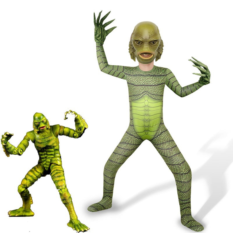 Creature from the Black Lagoon Cosplay Costume with Mask Boys Girls Bodysuit Halloween Fancy Jumpsuits