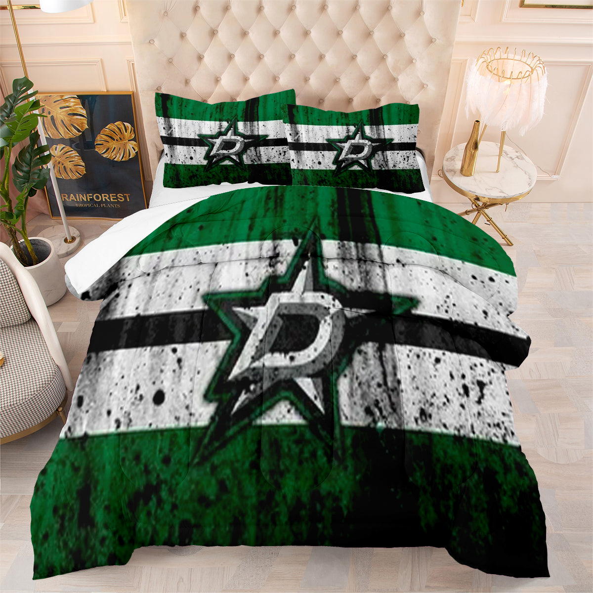 Dallas Hockey Stars Comforter Pillowcases 3PC Sets Blanket All Season Reversible Quilted Duvet