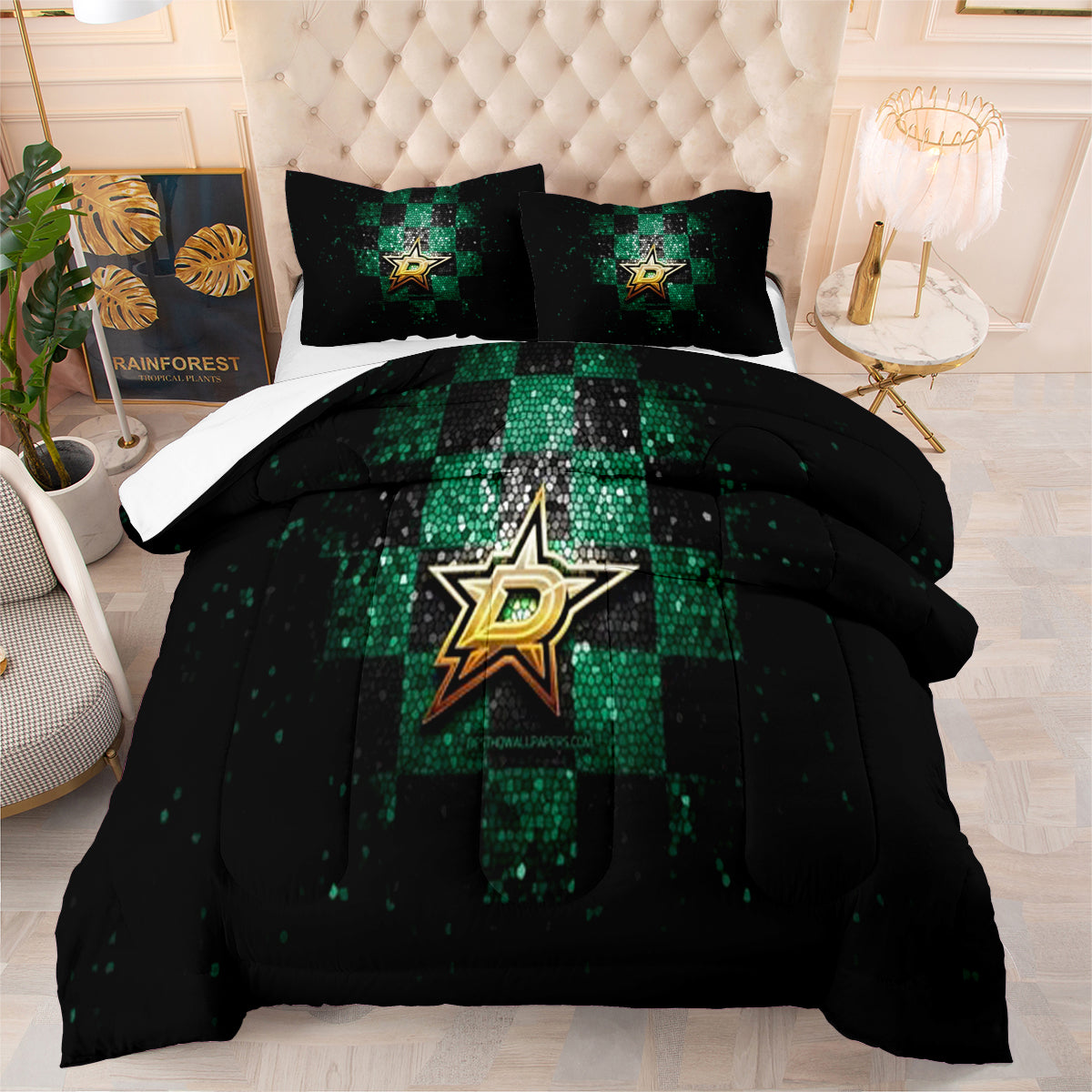 Dallas Hockey Stars Comforter Pillowcases 3PC Sets Blanket All Season Reversible Quilted Duvet