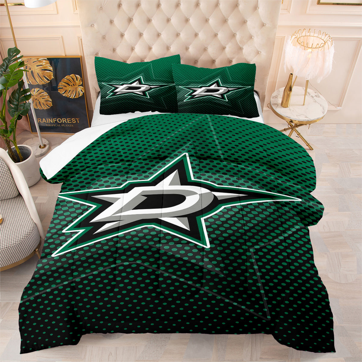 Dallas Hockey Stars Comforter Pillowcases 3PC Sets Blanket All Season Reversible Quilted Duvet