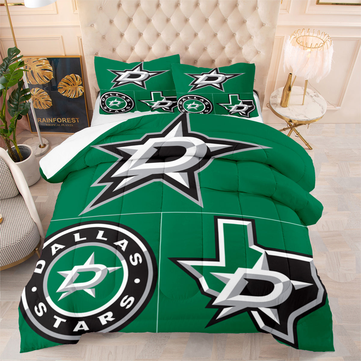 Dallas Hockey Stars Comforter Pillowcases 3PC Sets Blanket All Season Reversible Quilted Duvet