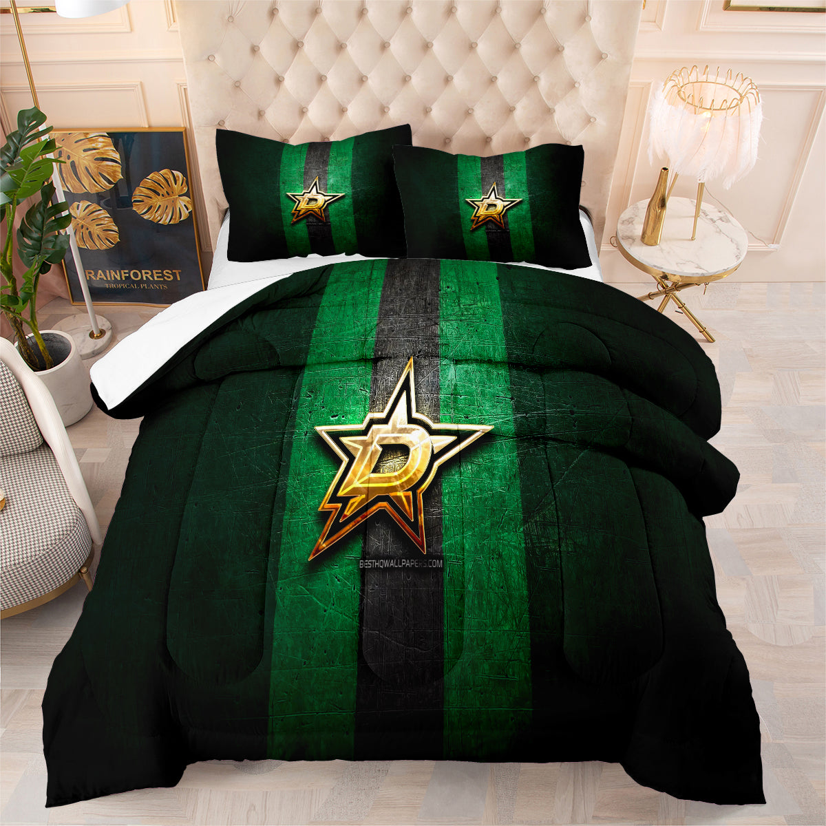 Dallas Hockey Stars Comforter Pillowcases 3PC Sets Blanket All Season Reversible Quilted Duvet