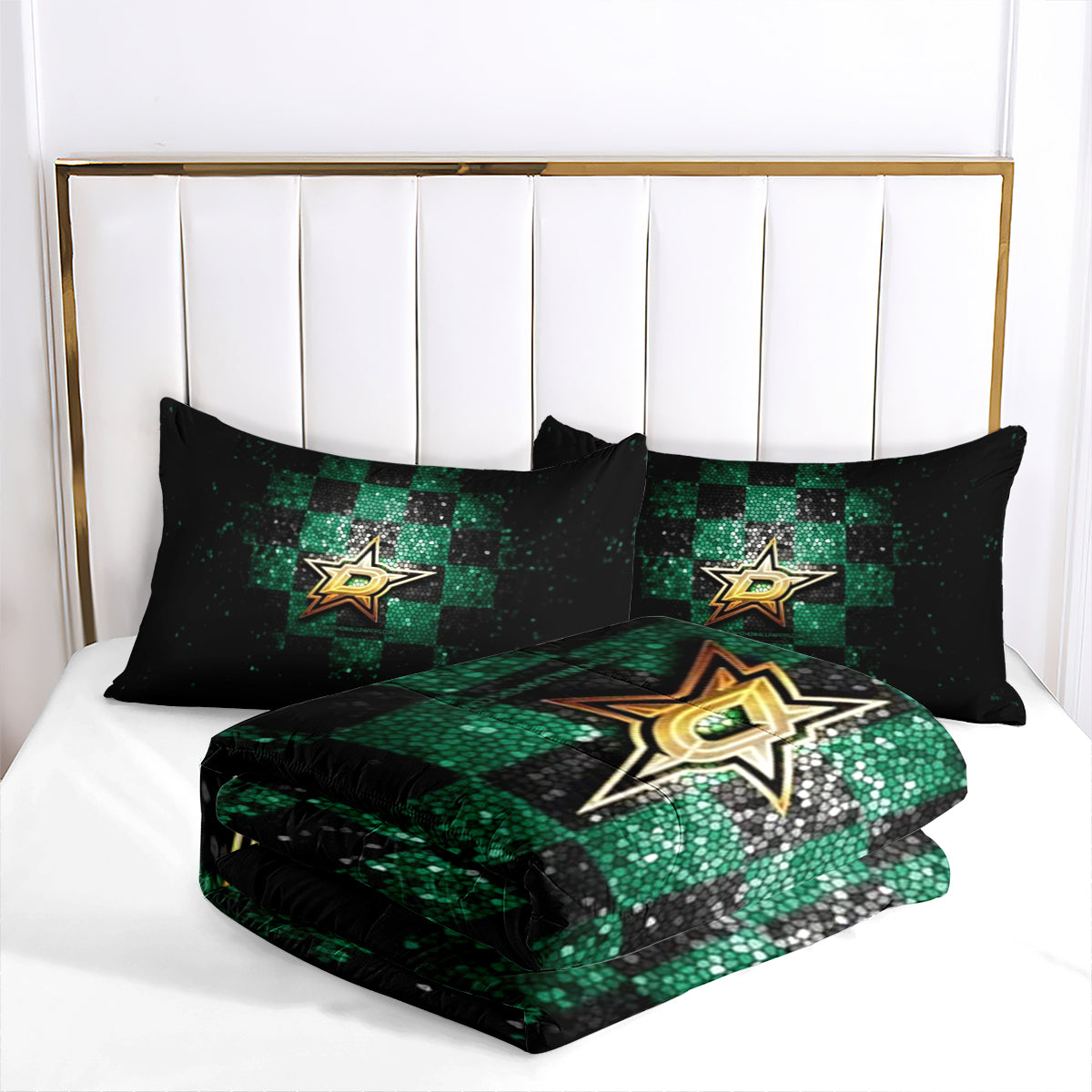 Dallas Hockey Stars Comforter Pillowcases 3PC Sets Blanket All Season Reversible Quilted Duvet