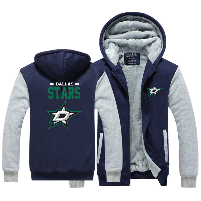 Dallas Stars Hockey Team  Unisex Lined Hoodie Fleece Sweatshirt Full Zipper Hooded Thicken Jacket