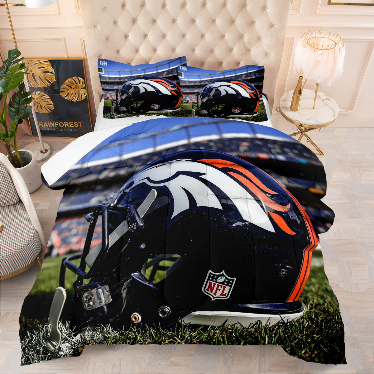 Denver Rugby Football Broncos Comforter Pillowcases 3PC Sets Blanket All Season Reversible Quilted Duvet