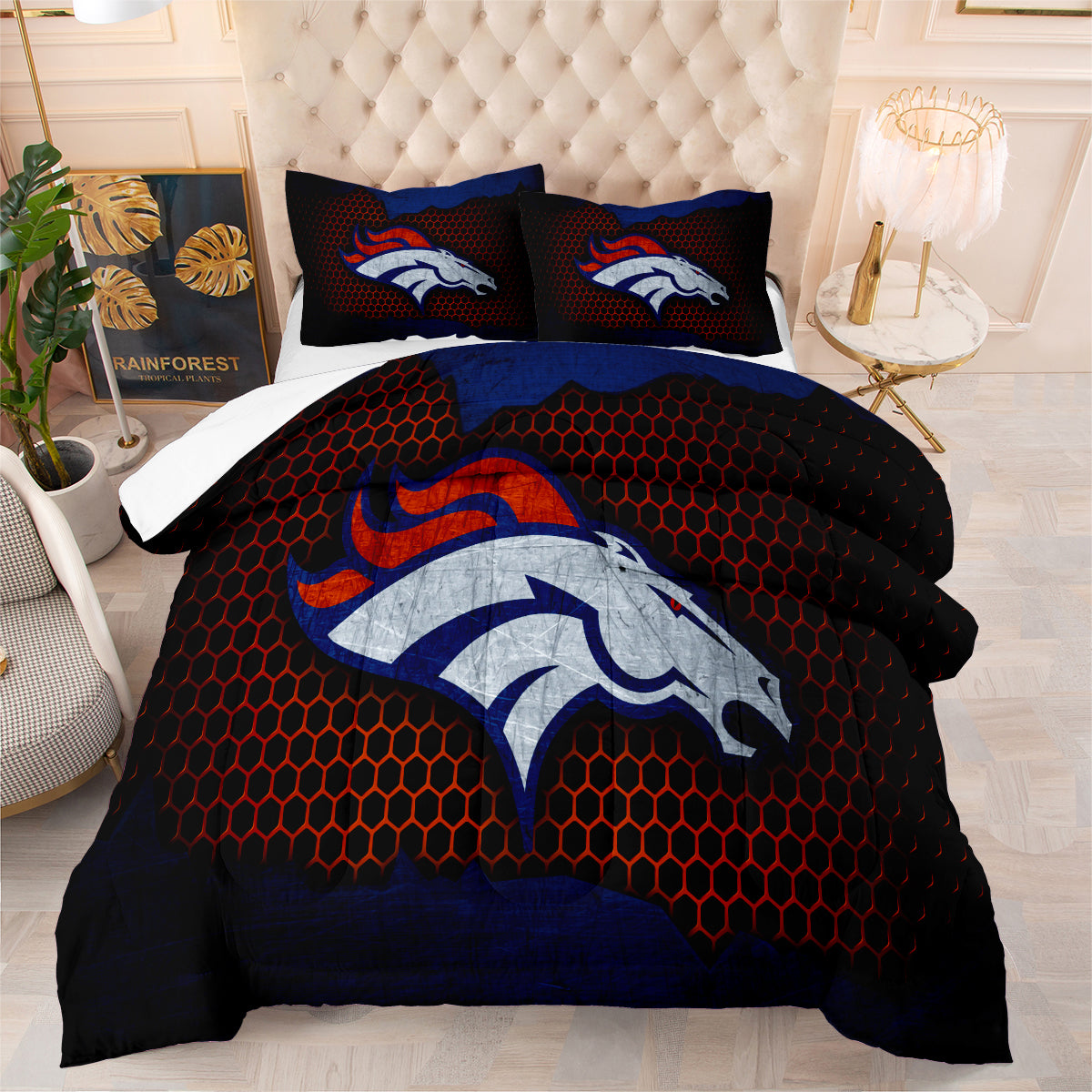 Denver Rugby Football Broncos Comforter Pillowcases 3PC Sets Blanket All Season Reversible Quilted Duvet