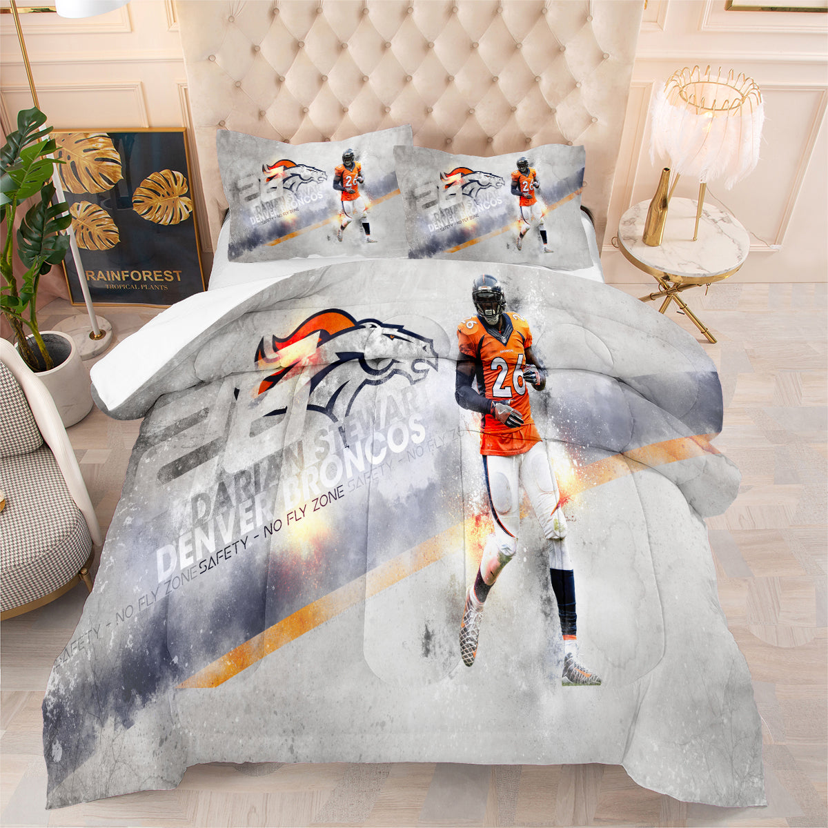 Denver Rugby Football Broncos Comforter Pillowcases 3PC Sets Blanket All Season Reversible Quilted Duvet