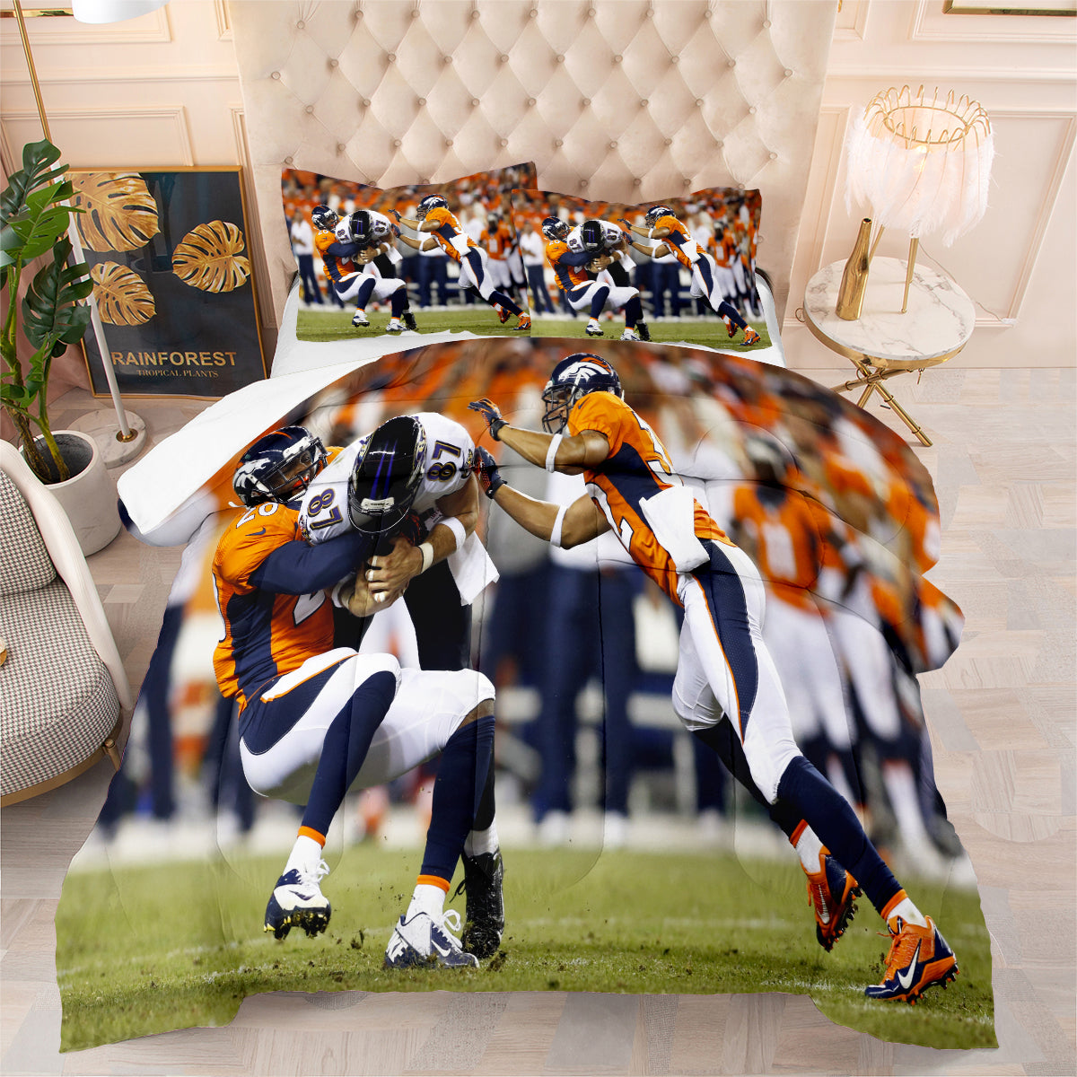 Denver Rugby Football Broncos Comforter Pillowcases 3PC Sets Blanket All Season Reversible Quilted Duvet