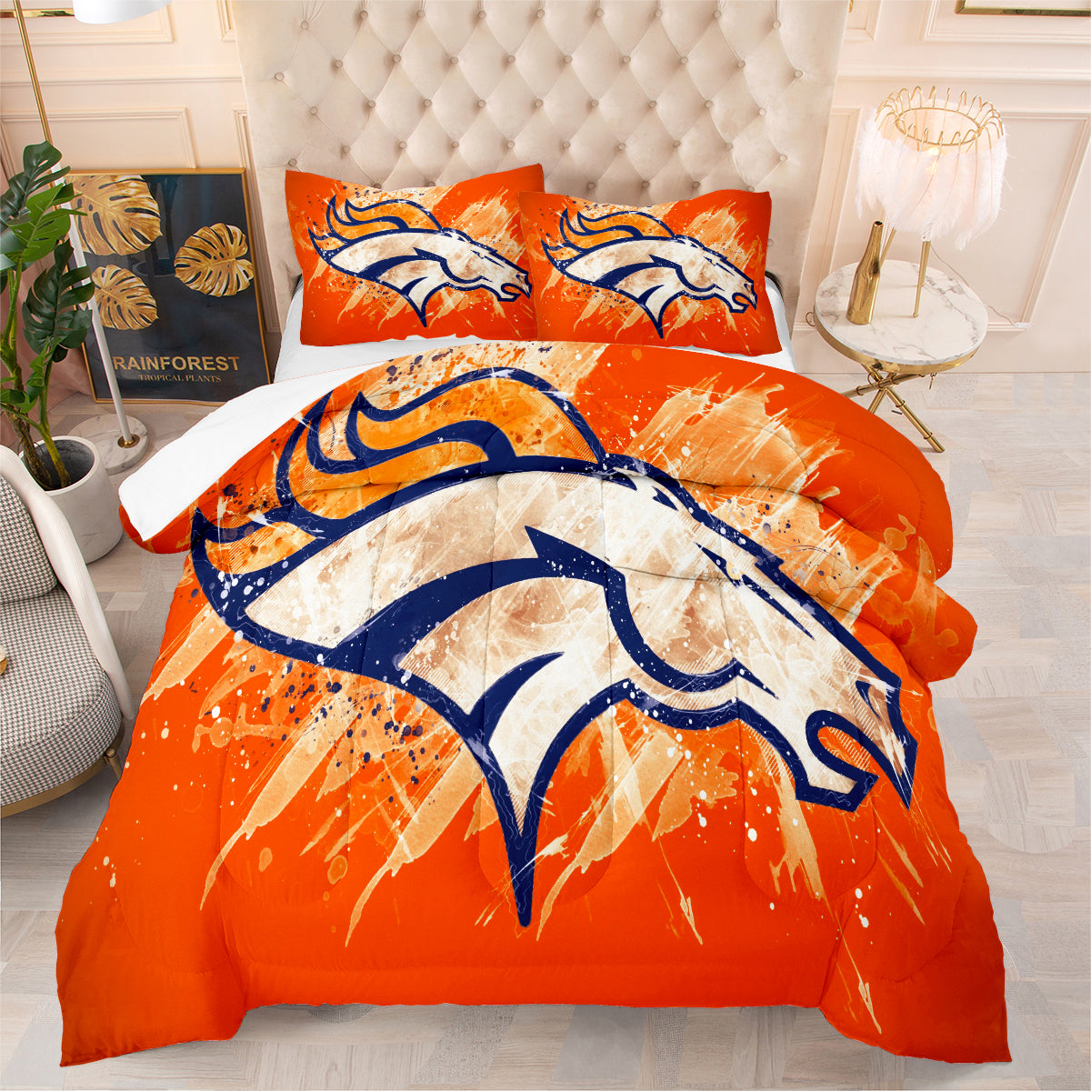 Denver Rugby Football Broncos Comforter Pillowcases 3PC Sets Blanket All Season Reversible Quilted Duvet