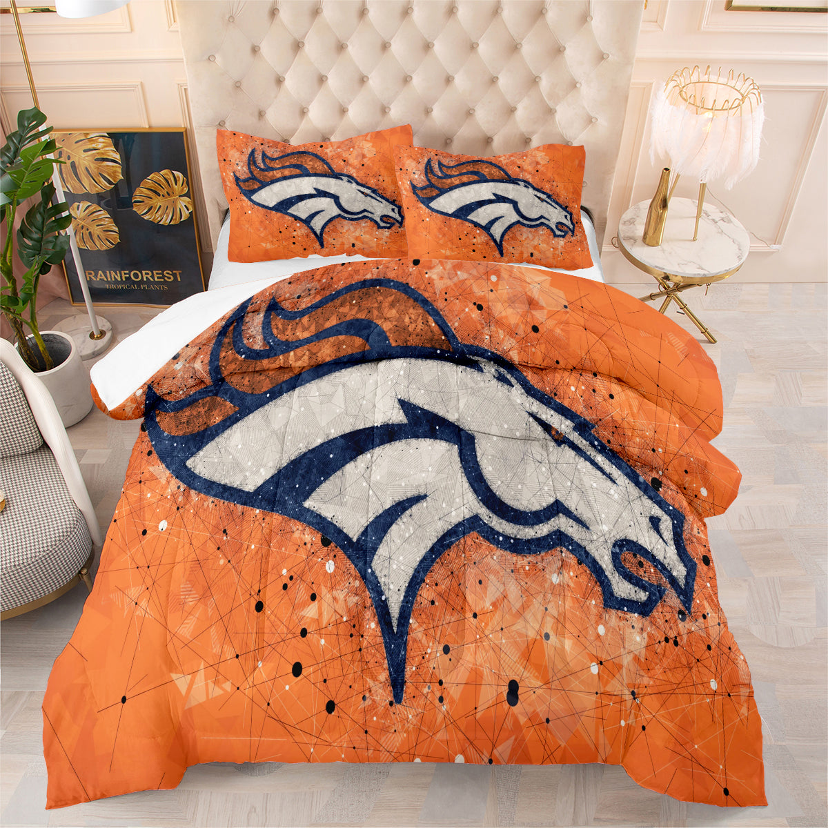 Denver Rugby Football Broncos Comforter Pillowcases 3PC Sets Blanket All Season Reversible Quilted Duvet