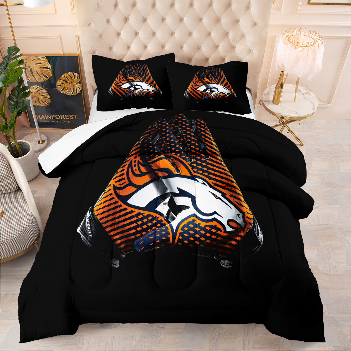 Denver Rugby Football Broncos Comforter Pillowcases 3PC Sets Blanket All Season Reversible Quilted Duvet