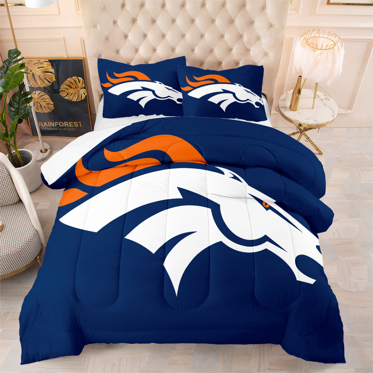 Denver Rugby Football Broncos Comforter Pillowcases 3PC Sets Blanket All Season Reversible Quilted Duvet