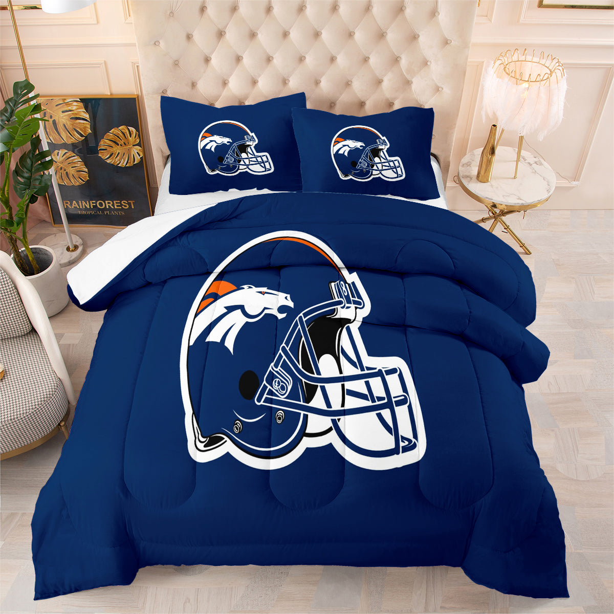 Denver Rugby Football Broncos Comforter Pillowcases 3PC Sets Blanket All Season Reversible Quilted Duvet