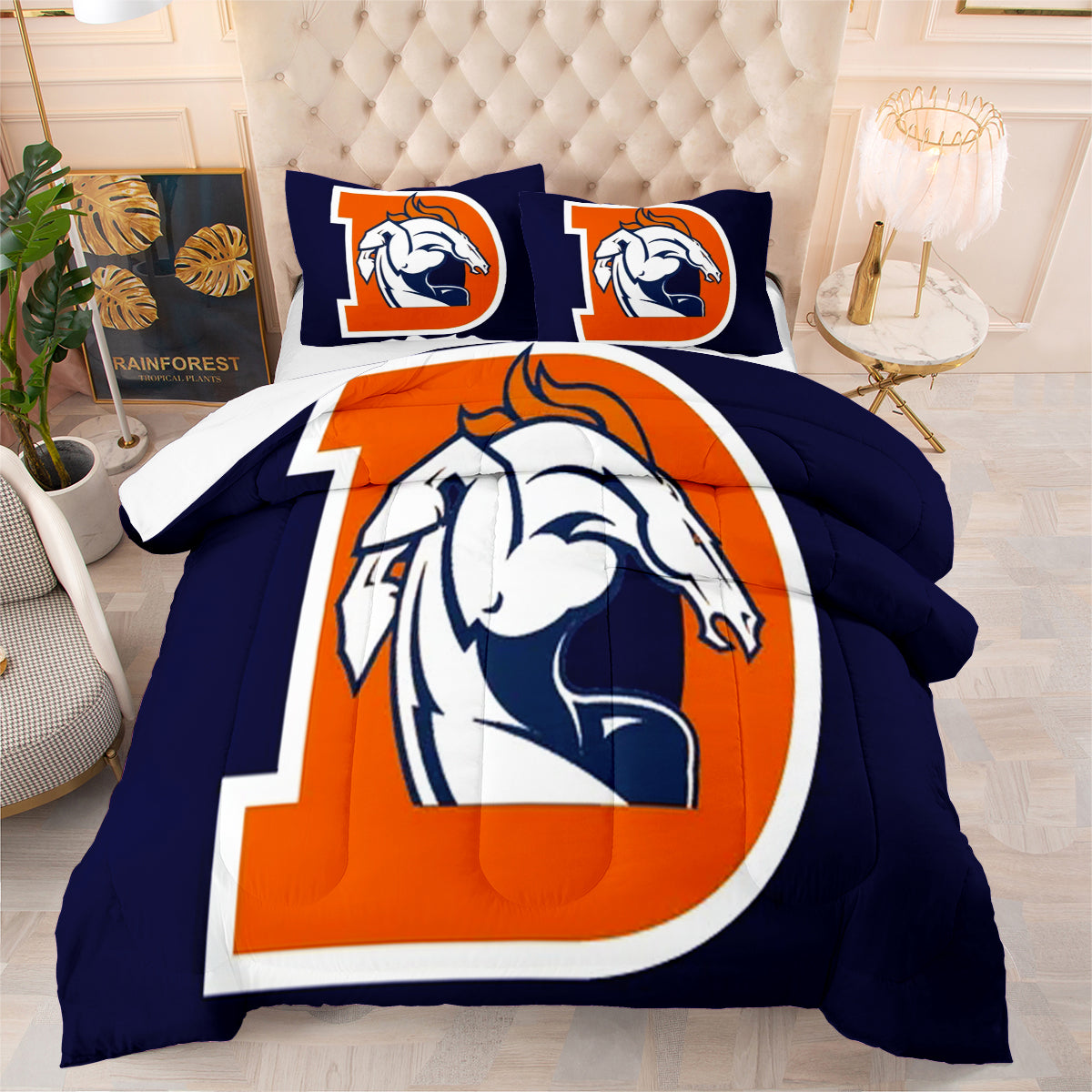 Denver Rugby Football Broncos Comforter Pillowcases 3PC Sets Blanket All Season Reversible Quilted Duvet