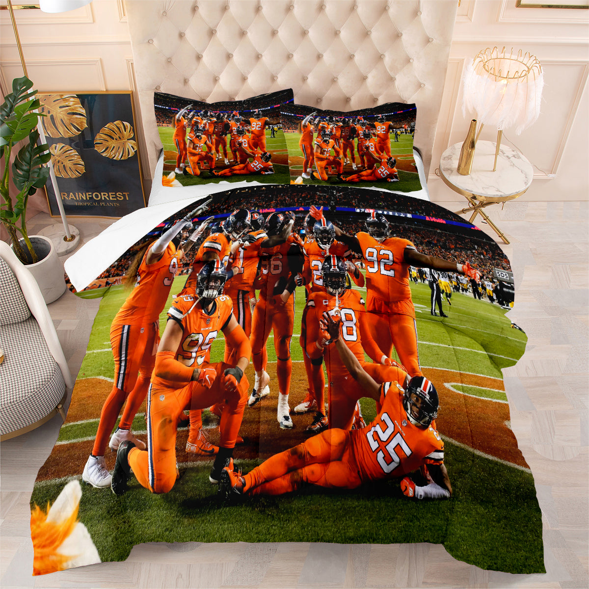 Denver Rugby Football Broncos Comforter Pillowcases 3PC Sets Blanket All Season Reversible Quilted Duvet