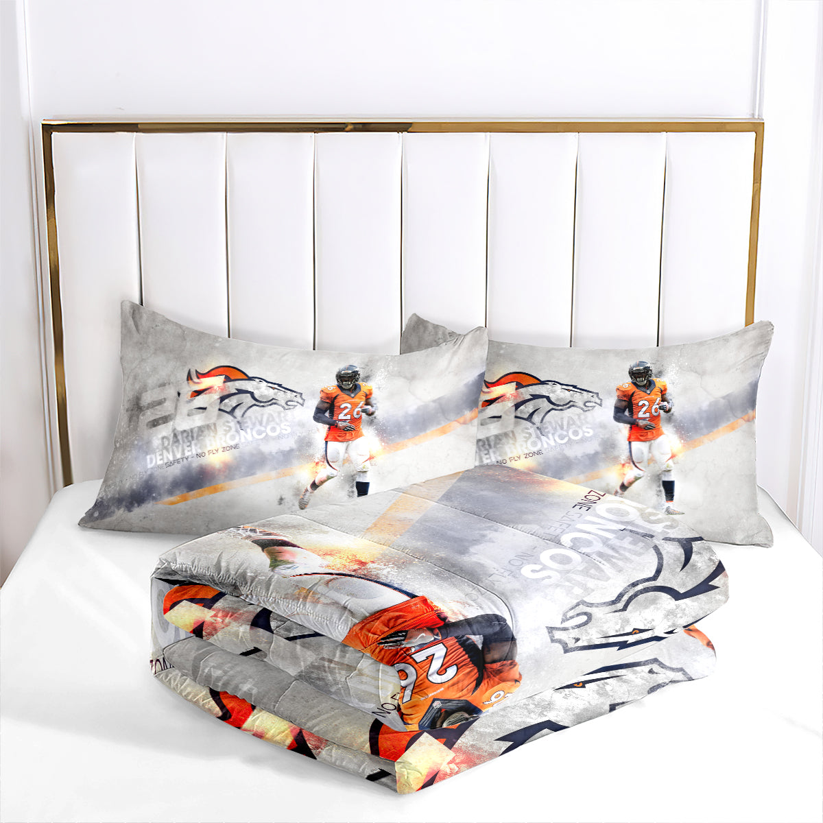 Denver Rugby Football Broncos Comforter Pillowcases 3PC Sets Blanket All Season Reversible Quilted Duvet