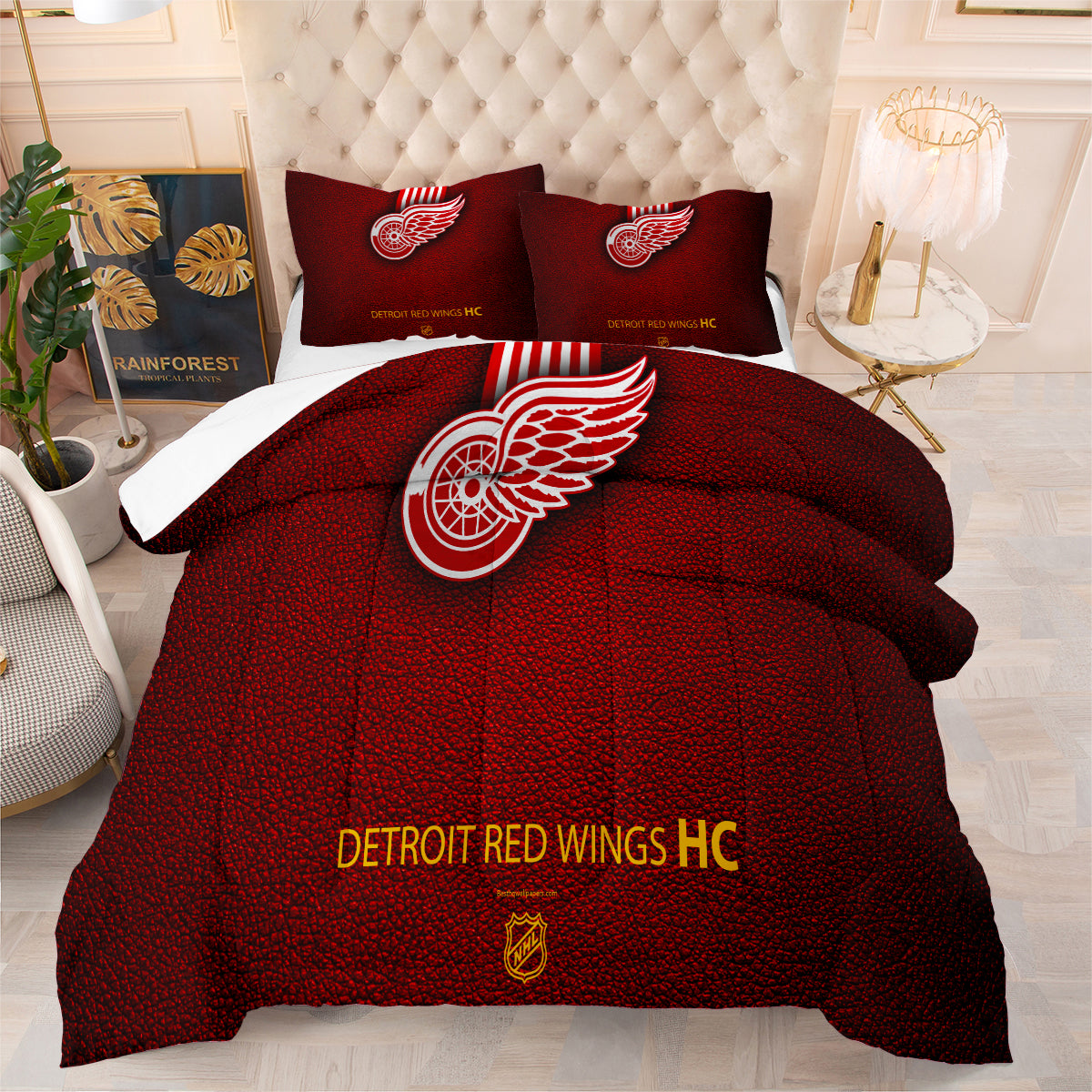 Detroit Hockey Red Wings Comforter Pillowcases 3PC Sets Blanket All Season Reversible Quilted Duvet