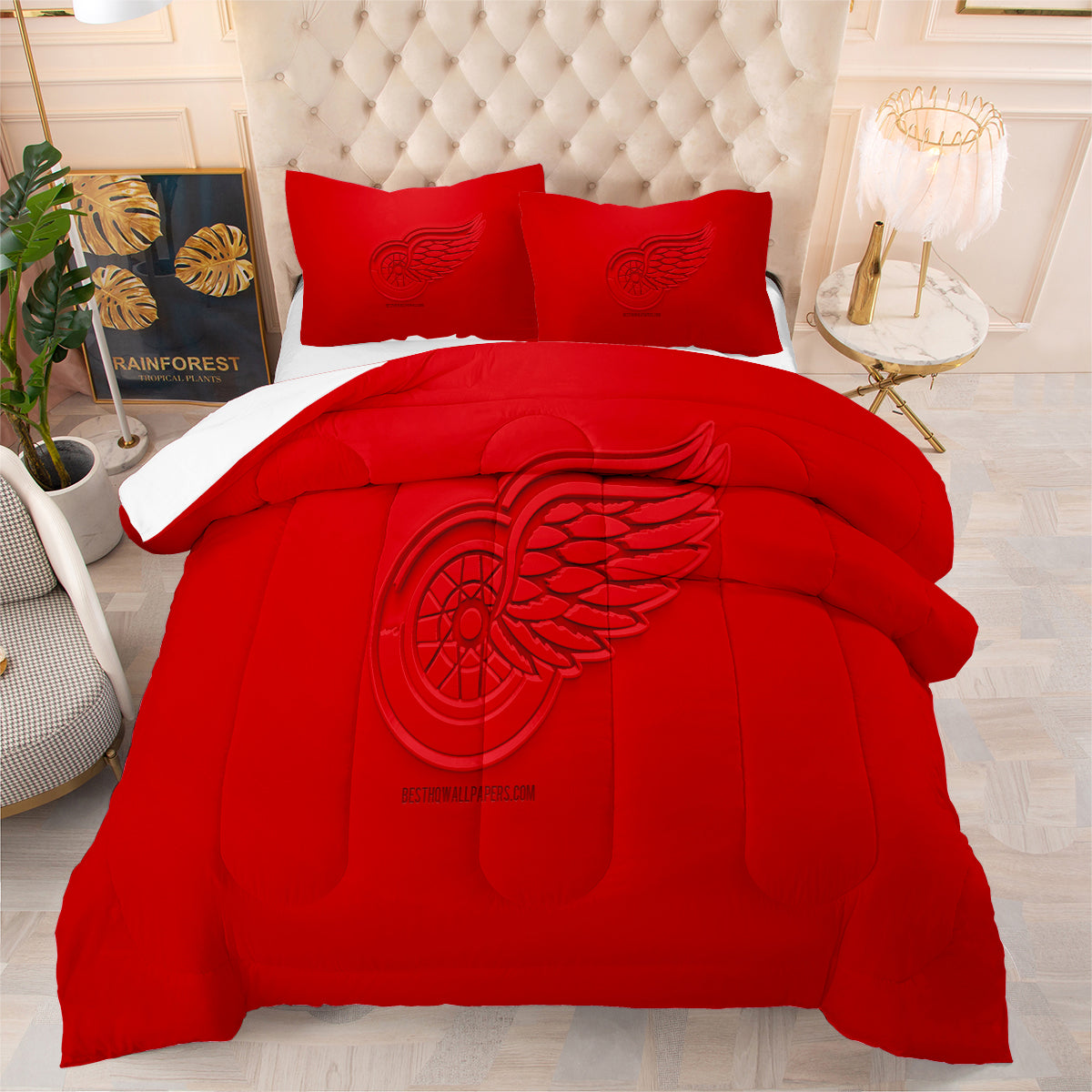 Detroit Hockey Red Wings Comforter Pillowcases 3PC Sets Blanket All Season Reversible Quilted Duvet