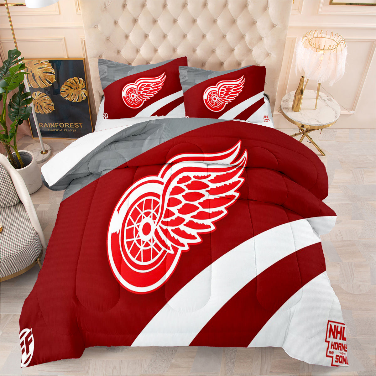 Detroit Hockey Red Wings Comforter Pillowcases 3PC Sets Blanket All Season Reversible Quilted Duvet