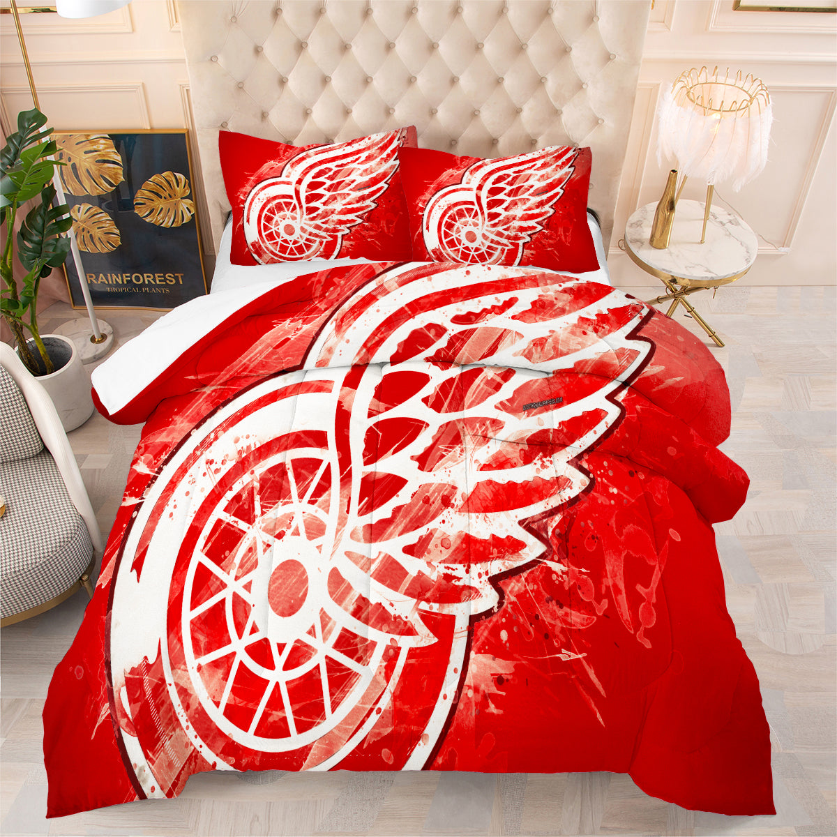 Detroit Hockey Red Wings Comforter Pillowcases 3PC Sets Blanket All Season Reversible Quilted Duvet
