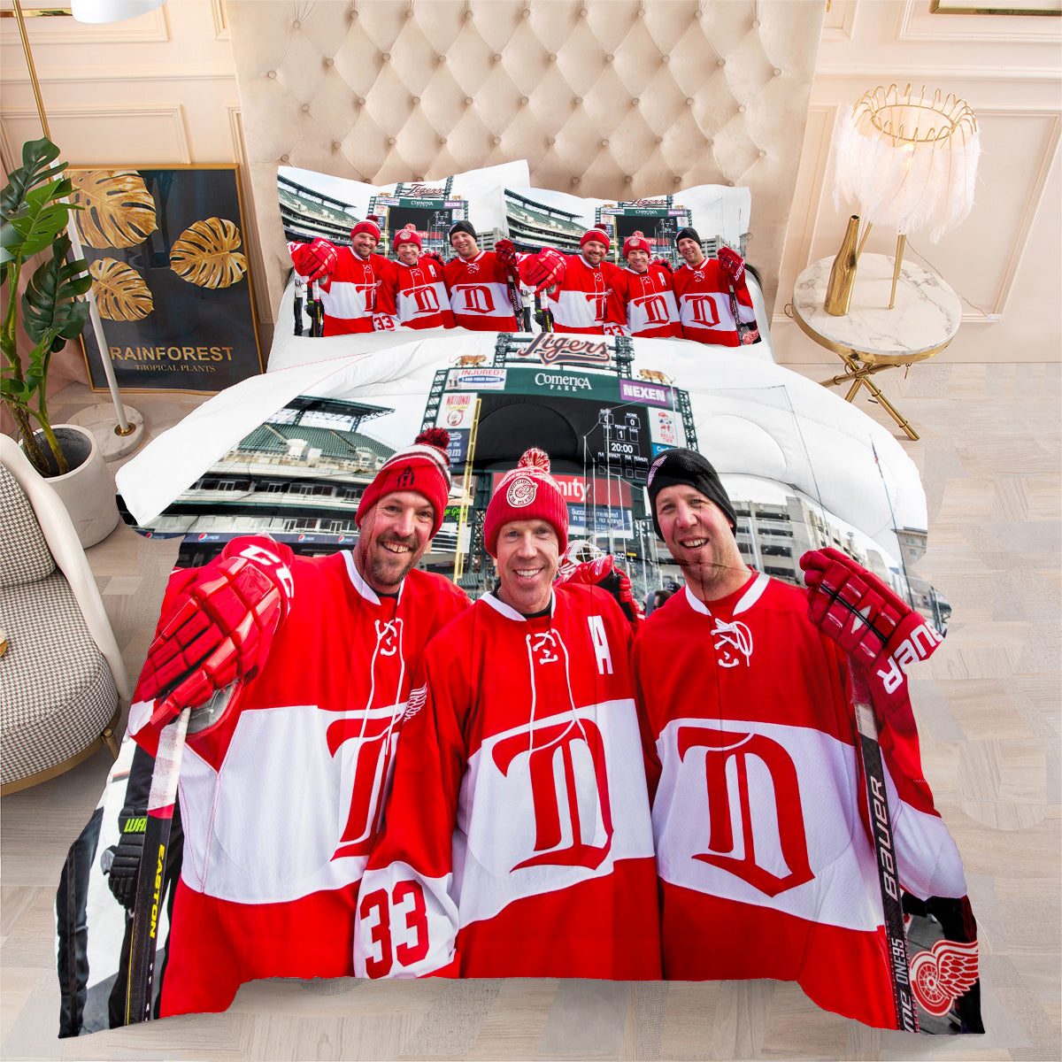 Detroit Hockey Red Wings Comforter Pillowcases 3PC Sets Blanket All Season Reversible Quilted Duvet