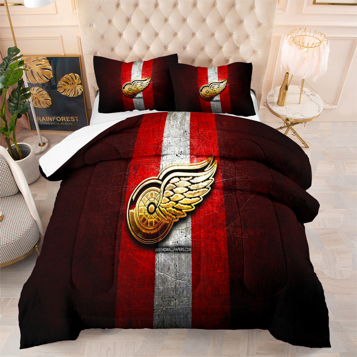 Detroit Hockey Red Wings Comforter Pillowcases 3PC Sets Blanket All Season Reversible Quilted Duvet