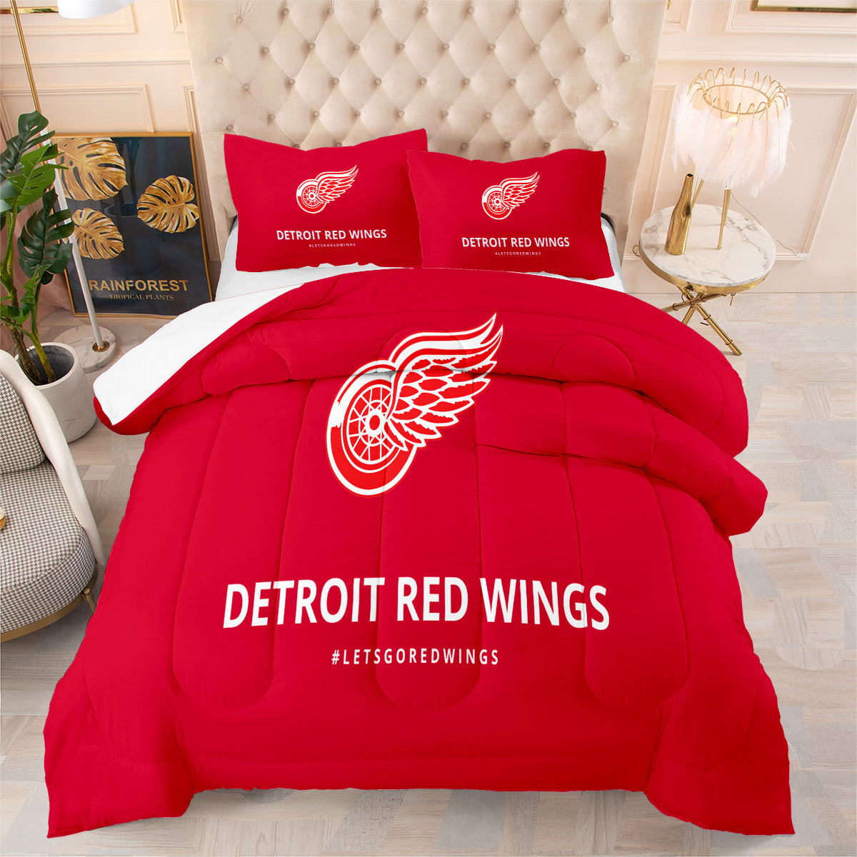 Detroit Hockey Red Wings Comforter Pillowcases 3PC Sets Blanket All Season Reversible Quilted Duvet