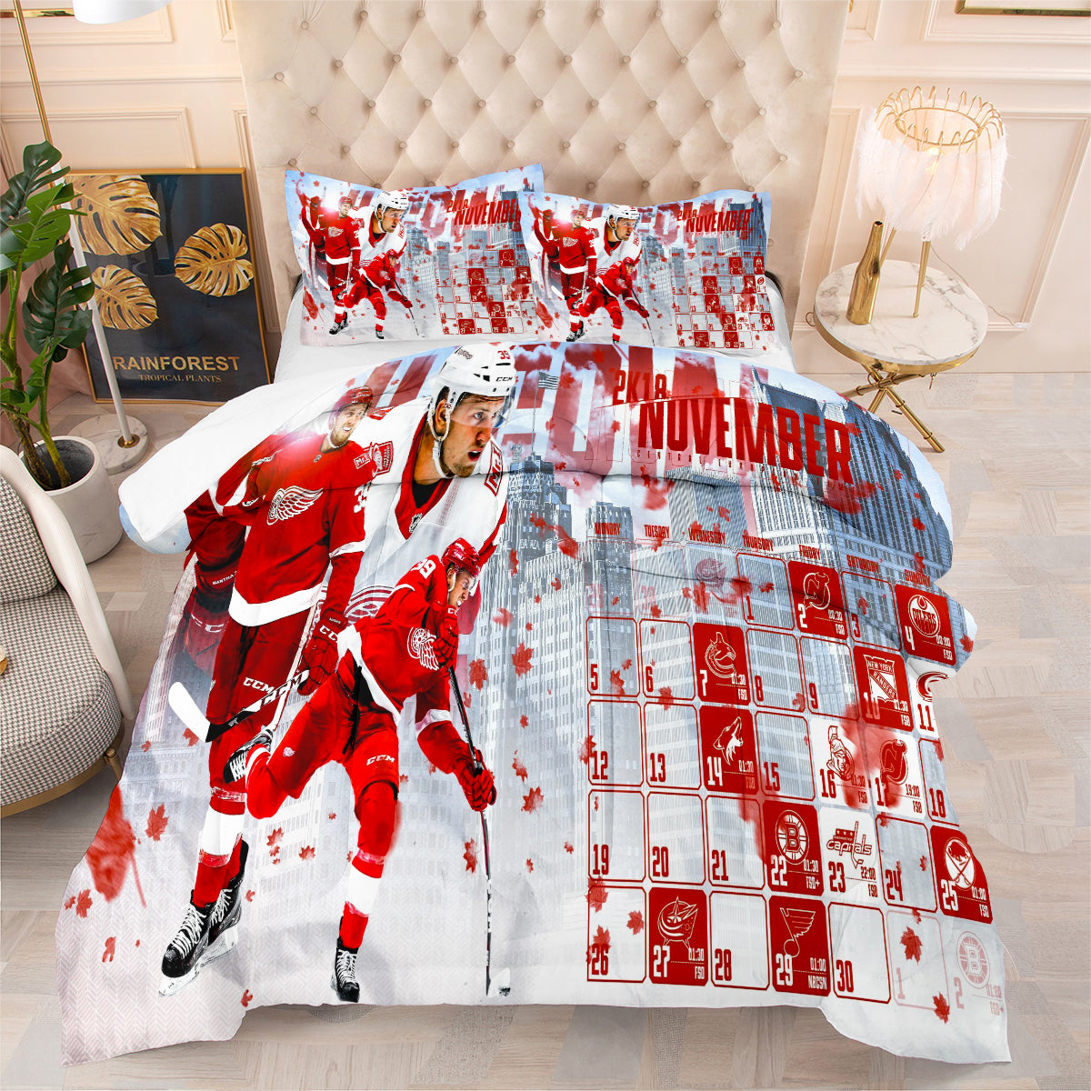 Detroit Hockey Red Wings Comforter Pillowcases 3PC Sets Blanket All Season Reversible Quilted Duvet