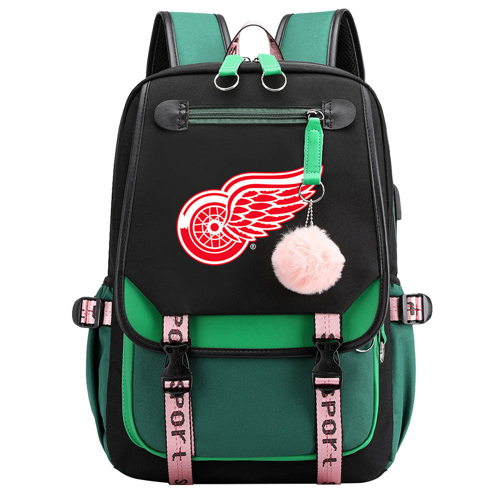 Detroit Red Wings Hockey League Waterproof Backpack School Notebook Travel Bag USB Charging