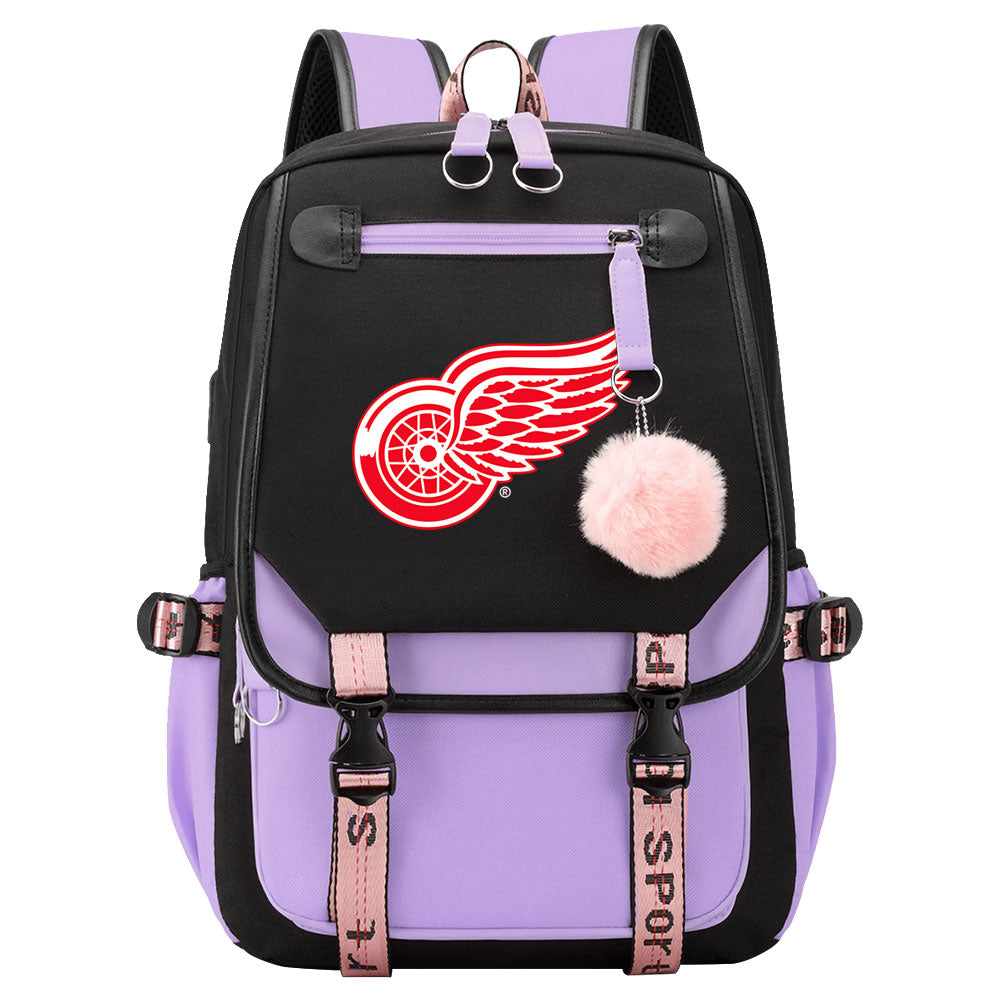 Detroit Red Wings Hockey League Waterproof Backpack School Notebook Travel Bag USB Charging