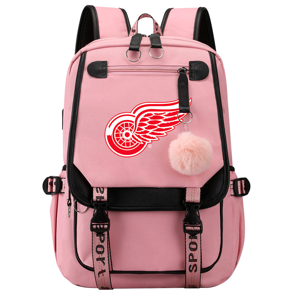 Detroit Red Wings Hockey League Waterproof Backpack School Notebook Travel Bag USB Charging