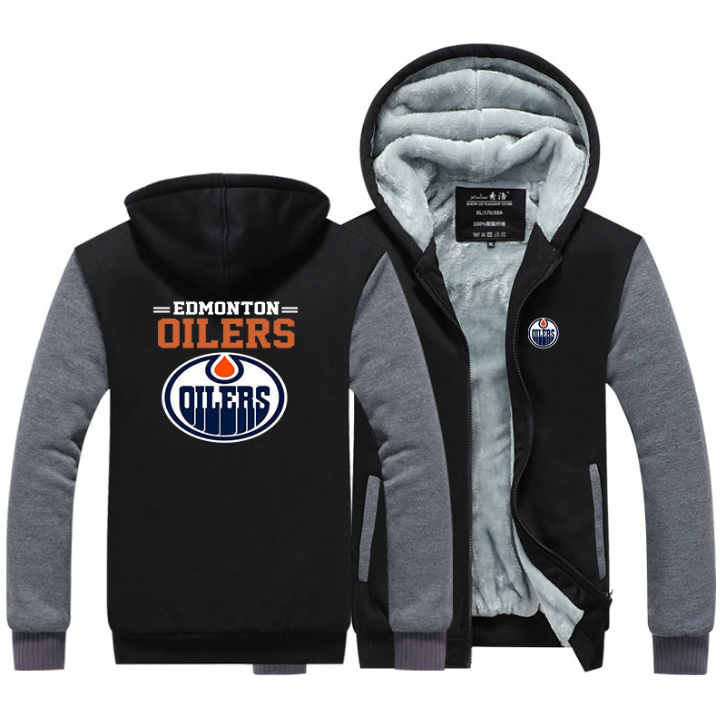 Edmonton Oilers Hockey Team  Unisex Lined Hoodie Fleece Sweatshirt Full Zipper Hooded Thicken Jacket
