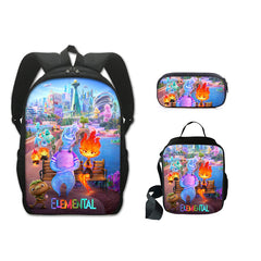 Elemental Full Printed Backpack Schoolbag Travel Notebook Bag Lunch Bag Pencil Bag for Kids Students 3PCS