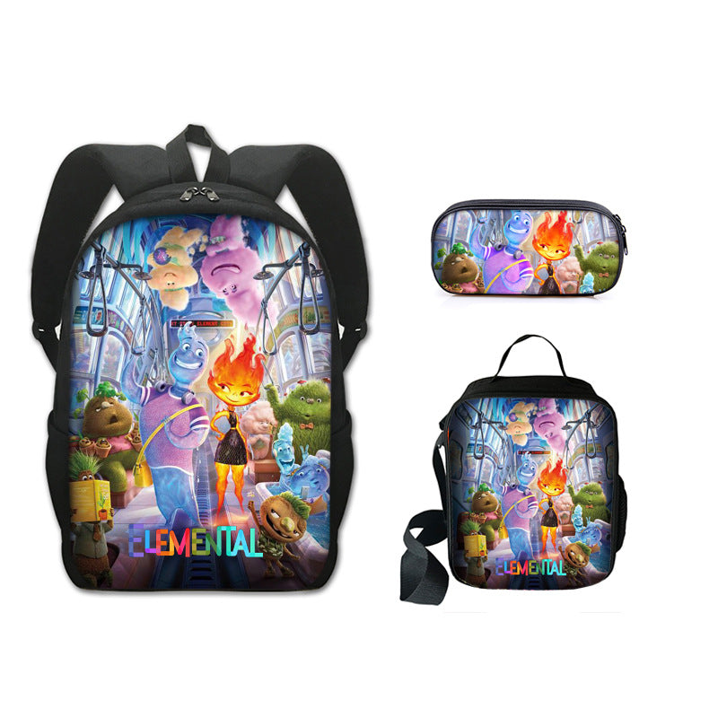 Elemental Full Printed Backpack Schoolbag Travel Notebook Bag Lunch Bag Pencil Bag for Kids Students 3PCS