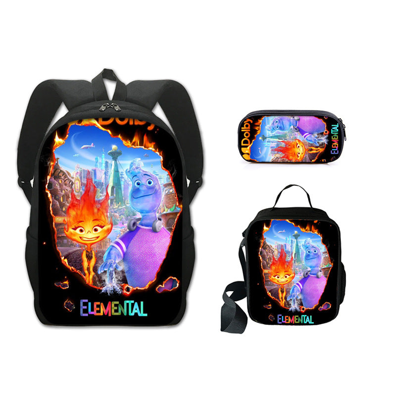 Elemental Full Printed Backpack Schoolbag Travel Notebook Bag Lunch Bag Pencil Bag for Kids Students 3PCS