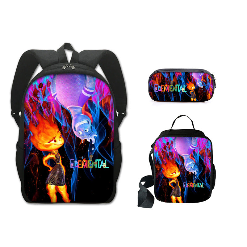 Elemental Full Printed Backpack Schoolbag Travel Notebook Bag Lunch Bag Pencil Bag for Kids Students 3PCS