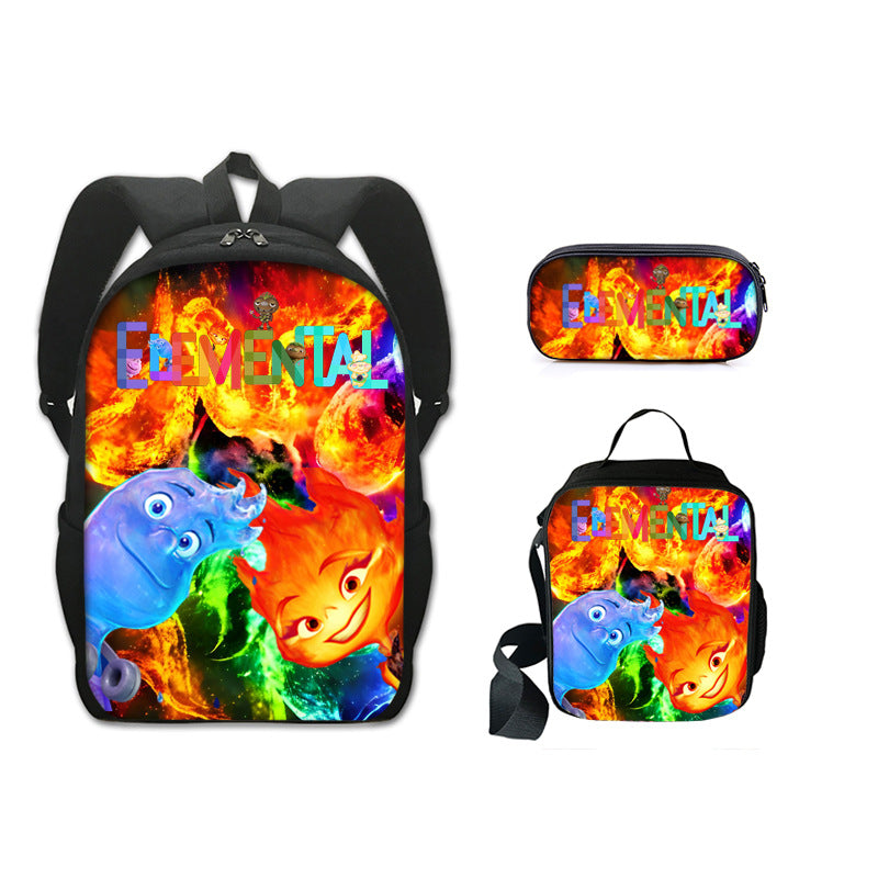 Elemental Full Printed Backpack Schoolbag Travel Notebook Bag Lunch Bag Pencil Bag for Kids Students 3PCS