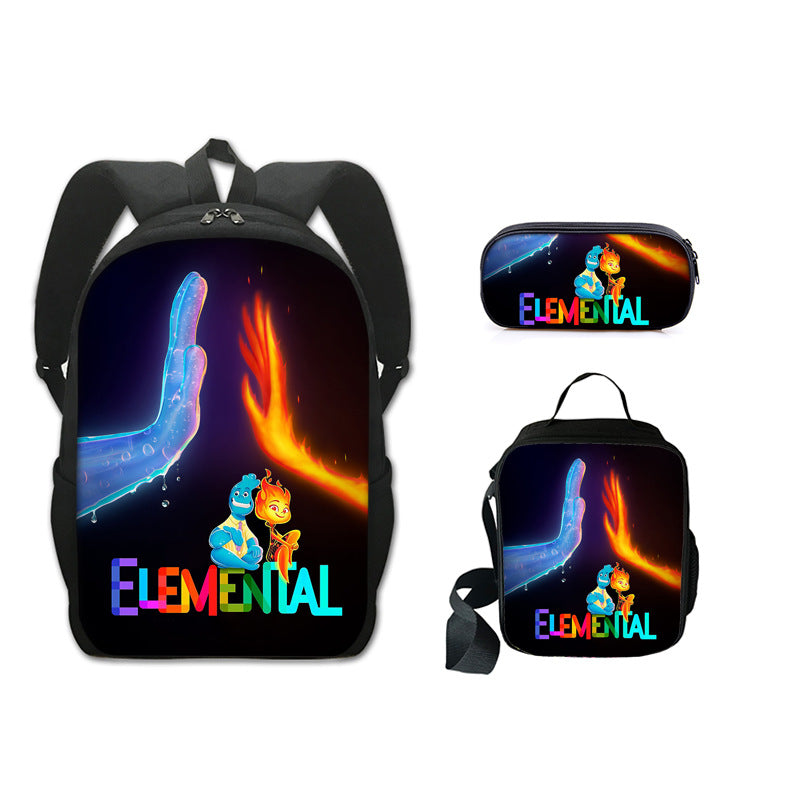 Elemental Full Printed Backpack Schoolbag Travel Notebook Bag Lunch Bag Pencil Bag for Kids Students 3PCS