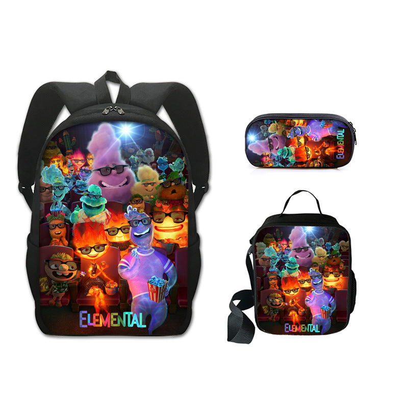 Elemental Full Printed Backpack Schoolbag Travel Notebook Bag Lunch Bag Pencil Bag for Kids Students 3PCS