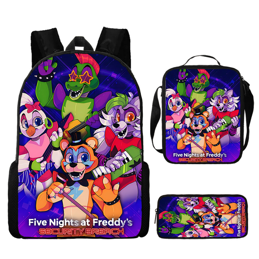 FNAF Glamrock Freddy Full Printed Backpack Schoolbag Travel Notebook Bag Lunch Bag Pencil Bag for Kids Students 3PCS