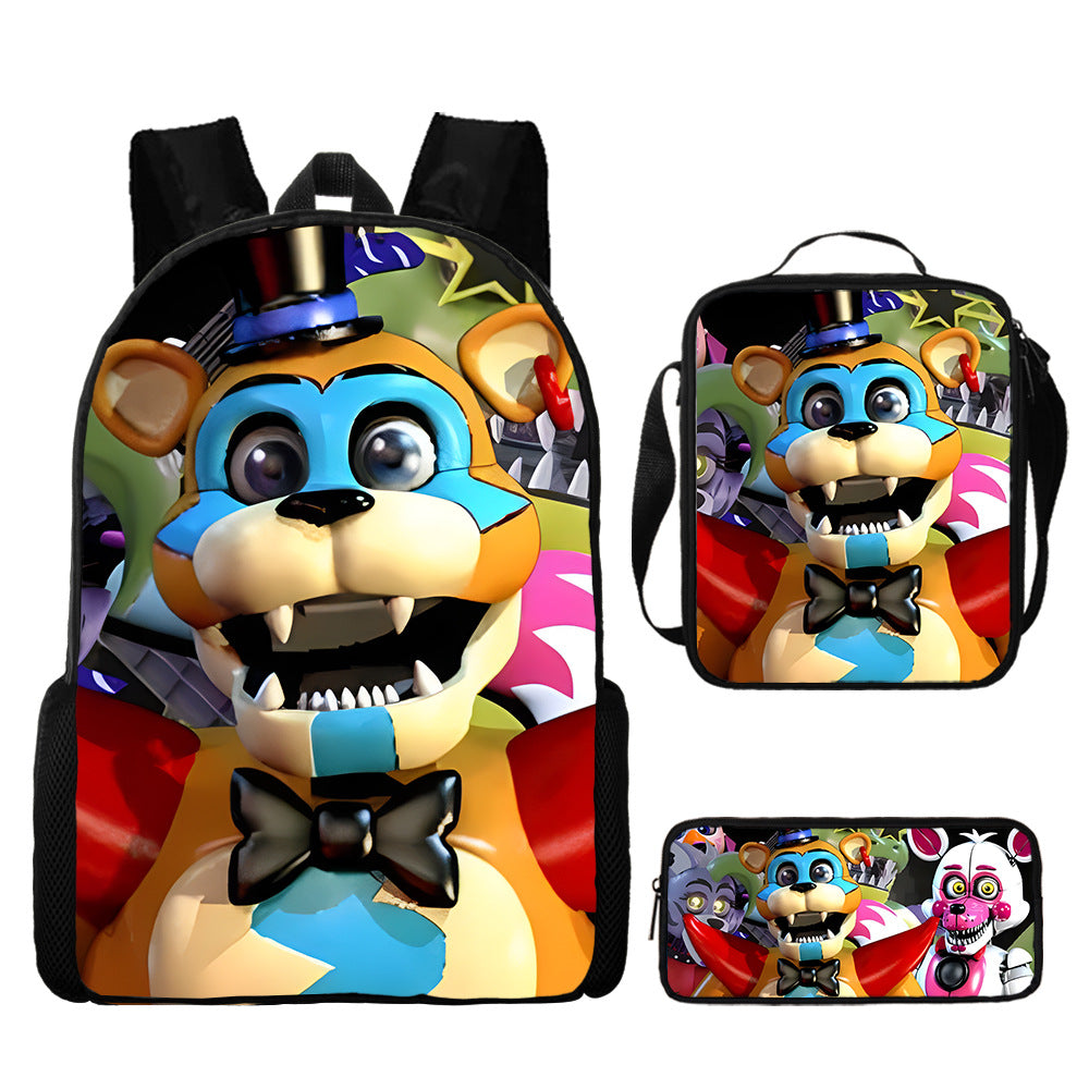 FNAF Glamrock Freddy Full Printed Backpack Schoolbag Travel Notebook Bag Lunch Bag Pencil Bag for Kids Students 3PCS